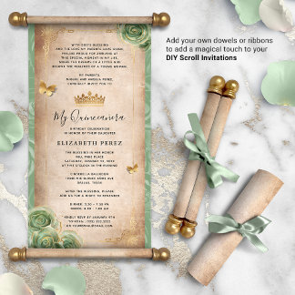 Gold and Sage Green Quince DIY Scroll Invitations