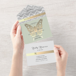 Gold and Sage Green Wedding All In One Invitation