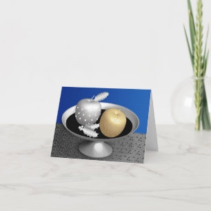 Gold and silver apples on a silver pedestal holiday card