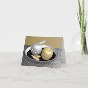 Gold  and silver apples on a silver platter holiday card