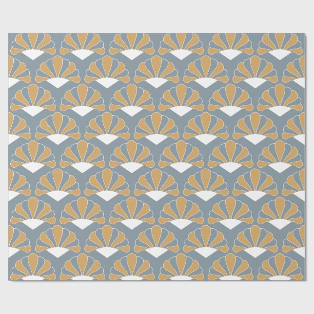 Gold and Silver Blue Art Deco Fan Flowers Pattern Wrapping Paper (Flat)