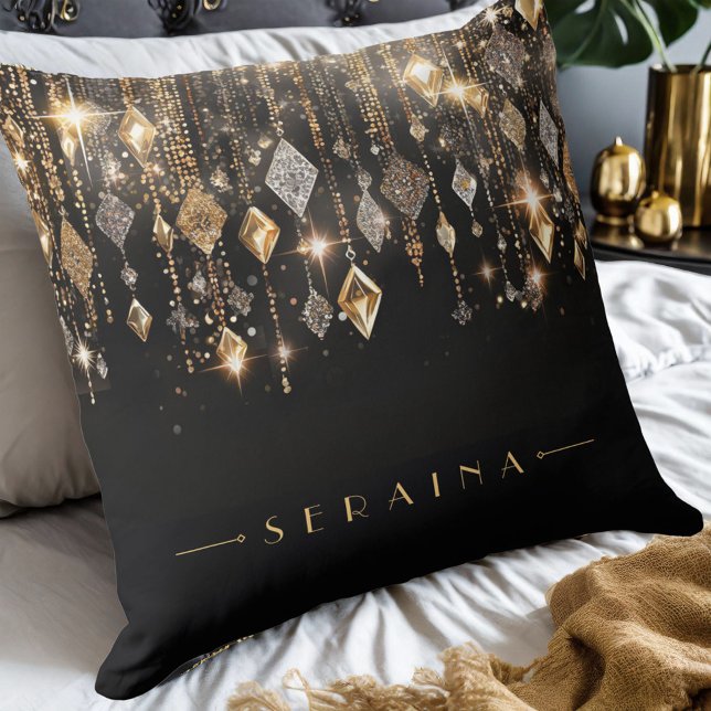 Gold and Silver Boho Gems on Black ID1035 Throw Pillow (Creator Uploaded)