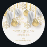 Gold and Silver Christmas Ornaments  Classic Round Sticker<br><div class="desc">A round sticker features your business name and greeting in chic lettering accented with a design of silver and gold ornaments and snowflakes. MATCHING items in our collection.</div>