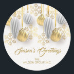 Gold and Silver Christmas Ornaments  Classic Round Sticker<br><div class="desc">A round sticker features your business name and greeting in chic lettering accented with a design of silver and gold ornaments and snowflakes. MATCHING items in our collection.</div>