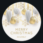 Gold and Silver Christmas Ornaments  Classic Round Sticker<br><div class="desc">A round sticker features your name and Merry Christmas greeting in chic lettering accented with a design of silver and gold ornaments and snowflakes. MATCHING items in our collection.</div>