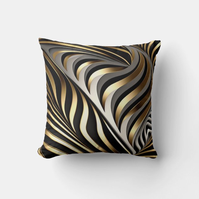 Gold and Silver Curved Waves with Black Shadows Throw Pillow (Front)