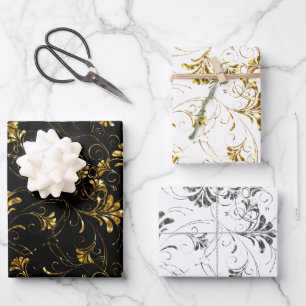 Gold and Silver Floral Pattern Wrapping Paper Sheet