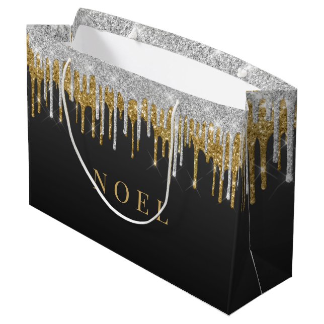 Gold and silver glitter drips large gift bag (Back Angled)