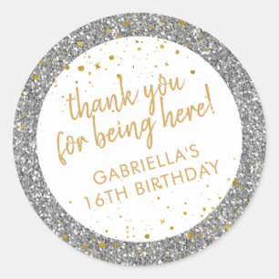 Gold and Silver Glitter Thank You Birthday Favour Classic Round Sticker