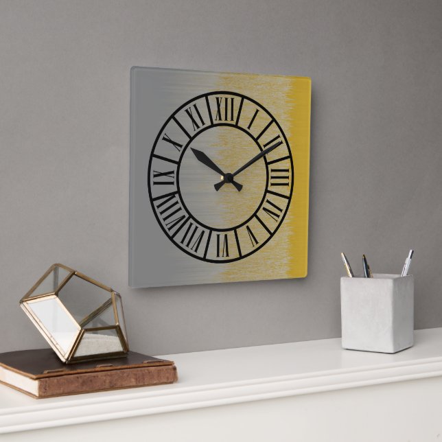 Gold and Silver Hues, Segmented Roman Hour Markers Square Wall Clock (Office)
