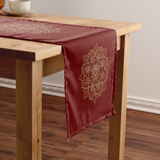 Gold and silver mandala on dark red short table runner (In Situ)