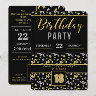 Gold and Silver on Black 18th Birthday Confetti Invitation