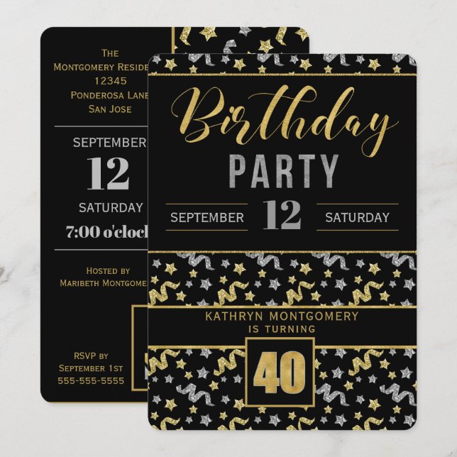 Gold and Silver on Black 40th Birthday Confetti Invitation (Front/Back)
