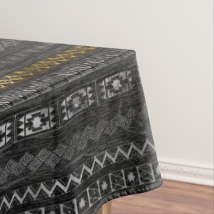 Gold and Silver Tribal Pattern on Black  wood Tablecloth
