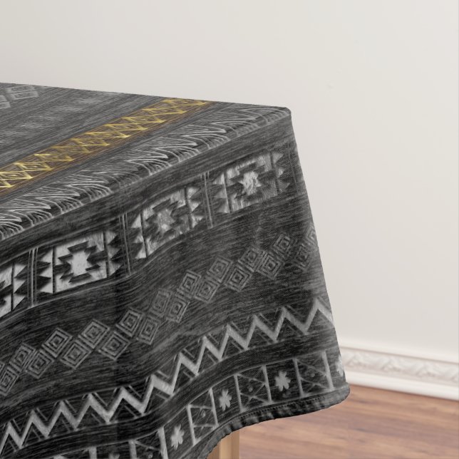 Gold and Silver Tribal Pattern on Black  wood Tablecloth (In Situ)
