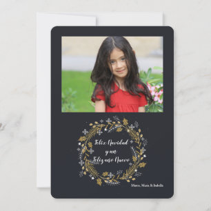Gold and Silver Wreath Photo Holiday Card Spanish