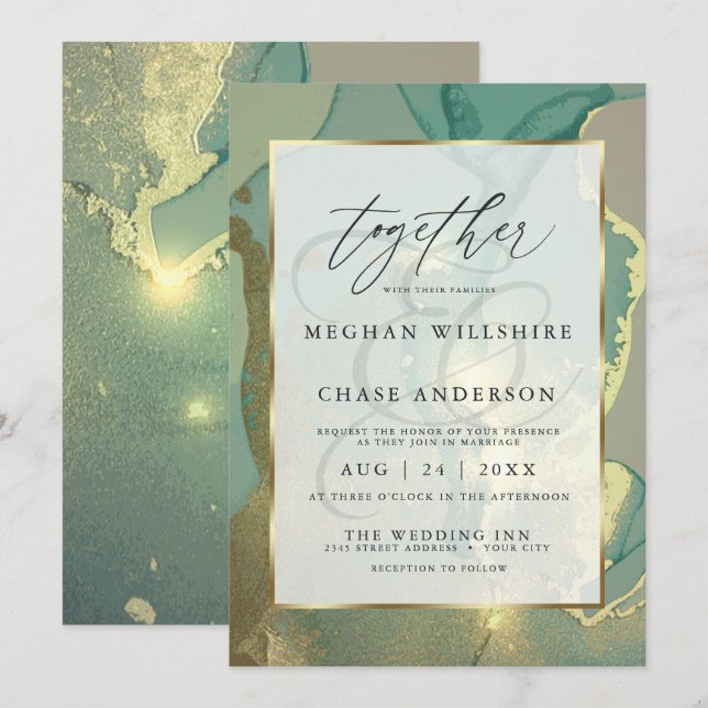  Gold and Smokey Green Alcohol Ink Watercolor  Invitation (Front/Back)