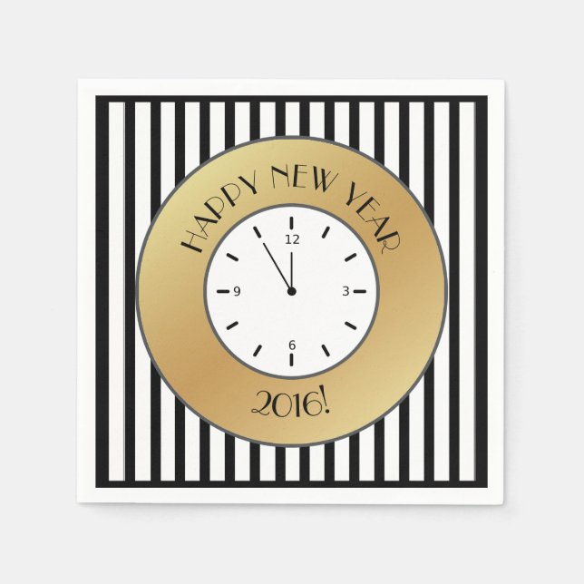 Gold and Stripes Clock Midnight Happy New Year Napkin (Front)