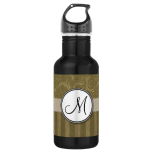 Gold and Tan Floral Wisps & Stripes with Monogram 532 Ml Water Bottle