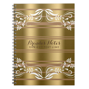 Gold And Tan Stripes With White Floral Lace Notebook