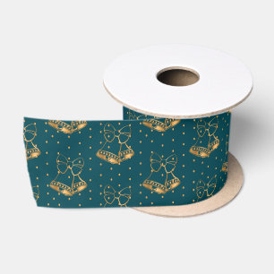 Gold and Teal Blue Christmas Bells Satin Ribbon