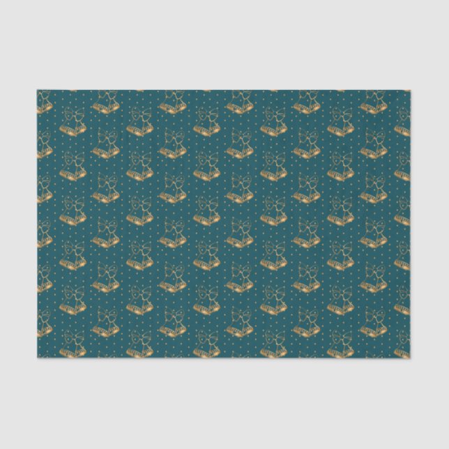 Gold and Teal Blue Christmas Bells Tissue Paper (Front)