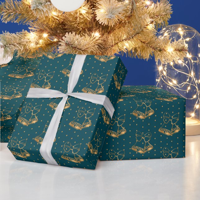 Gold and Teal Blue Christmas Bells Wrapping Paper (Holidays)