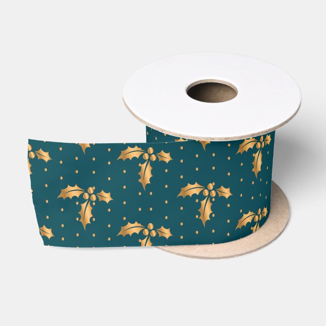 Gold and Teal Blue Christmas Holly Satin Ribbon (Spool)