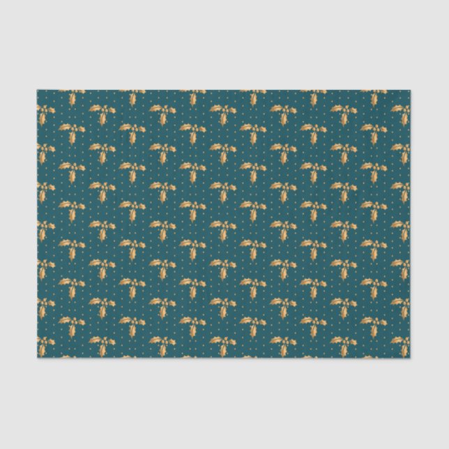 Gold and Teal Blue Christmas Holly Tissue Paper (Front)