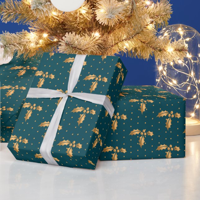 Gold and Teal Blue Christmas Holly Wrapping Paper (Holidays)