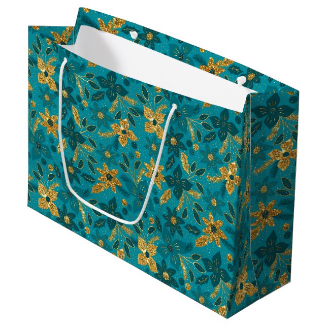 Gold and Teal Blue Christmas Poinsettia Flowers Large Gift Bag (Front Angled)
