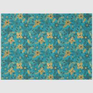 Gold and Teal Blue Christmas Poinsettia Flowers Tissue Paper