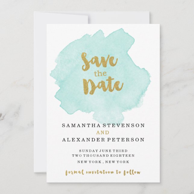 Gold and Teal Blush Save the Date (Front)