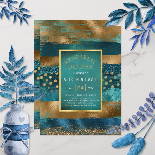 Gold and teal brush paint strokes rehearsal dinner invitation (Creator Uploaded)