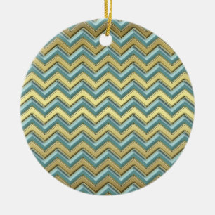 Gold and Teal Chevron Pattern Ceramic Ornament