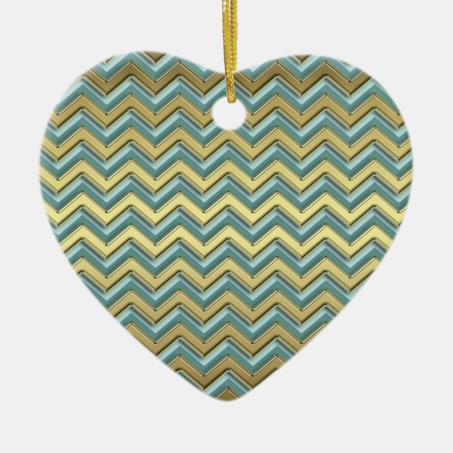 Gold and Teal Chevron Pattern Ceramic Ornament (Front)