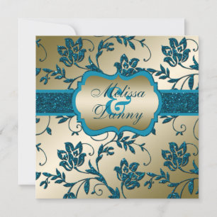 Gold and Teal FAUX Glitter Floral Engagement Party Invitation