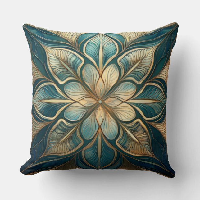 Gold and Teal Floral Mandala - Sophisticated Desig Throw Pillow (Front)