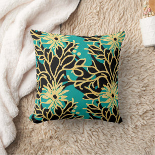 Gold and Teal Floral  Throw Pillow
