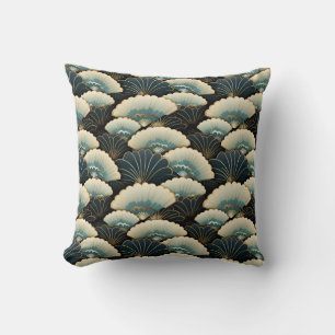 Gold and Teal Japanese-inspire Fan Patterned Throw Pillow