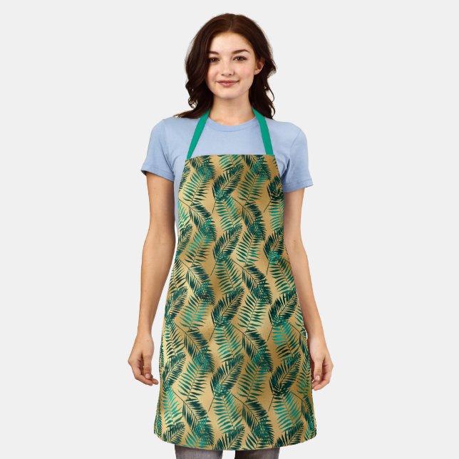 Gold and teal leaves pattern apron (Worn)