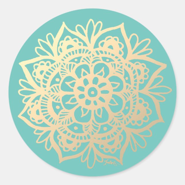 Gold and Teal Mandala Flower Classic Round Sticker (Front)