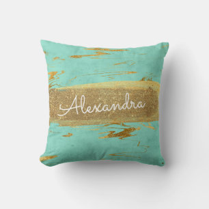 Gold and Teal Marble with Gold Foil and Glitter Throw Pillow