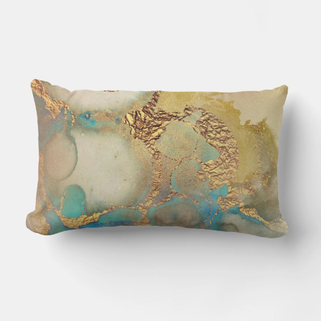 gold and teal painted lumbar pillow (Front)