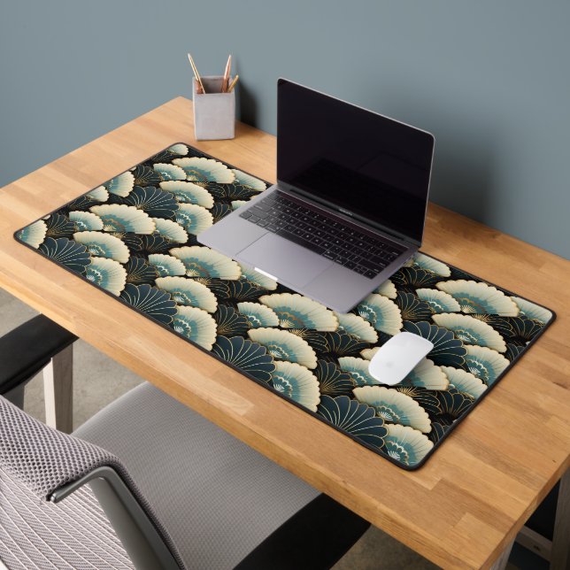Gold and Teal Patterned Japanese-inspire Fan Motif Desk Mat (Office 2)