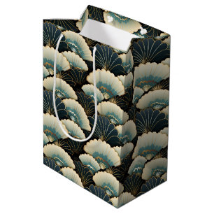 Gold and Teal Patterned Japanese-inspire Fan Motif Medium Gift Bag