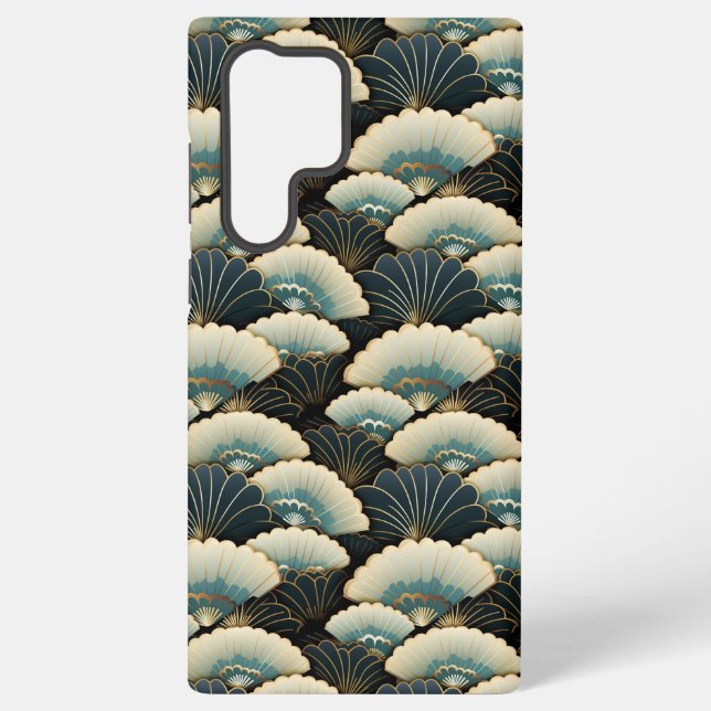 Gold and Teal Patterned Japanese-inspire Fan Motif Samsung Galaxy S22 Ultra Case (Back)