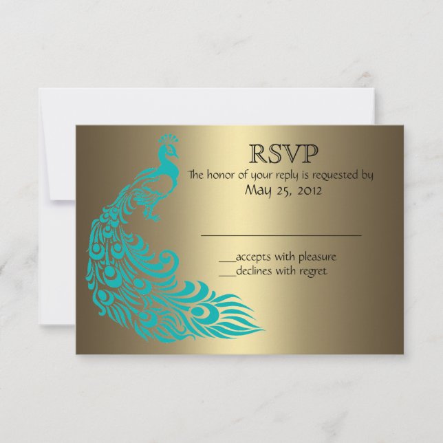Gold and Teal Peacock RSVP Invitations (Front)
