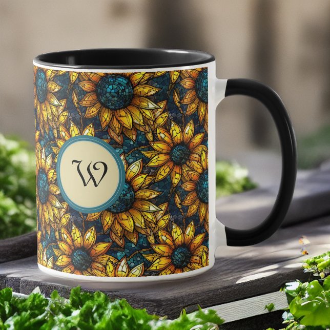Gold and Teal Sunflower Stained Glass Monogram Mug (Creator Uploaded)