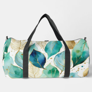 Gold and Teal Watercolor Leaf Pattern Duffle Bag